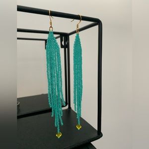 BOHO handmade artisan beaded drop earrings seed beads turq & yellow OS 5” long
